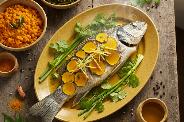 Steamed fish with ginger and turmeric