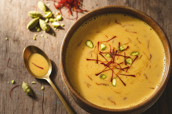 Saffron (kumkuma) milk - madhura, tikta rasa, antidepressant