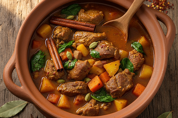Goat meat stew with cinnamon and cardamom