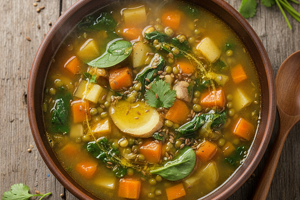 Warm vegetable soup - ushna, laghu guna