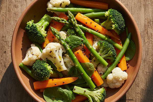 Steamed vegetables with olive oil - laghu, tikta guna