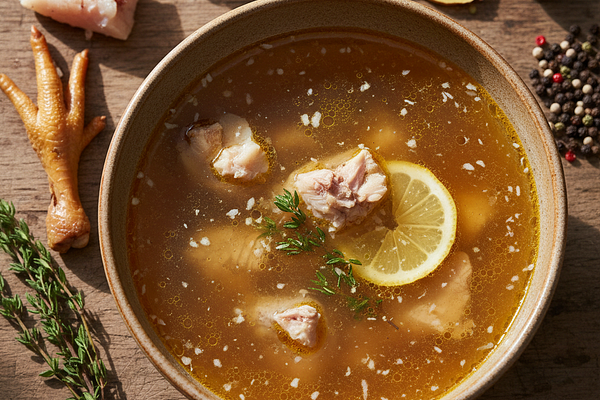 Bone broth from chicken or fish - Rich in calcium, collagen, minerals