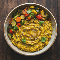 Fennel-Coriander Mung Bean Kitchari with Ghee-Roasted Low-FODMAP Vegetables