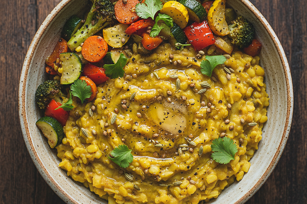 Fennel-Coriander Mung Bean Kitchari with Ghee-Roasted Low-FODMAP Vegetables