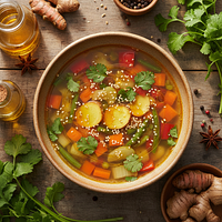 Golden Turmeric-Ginger Vegetable Broth with Sesame Oil and Coriander