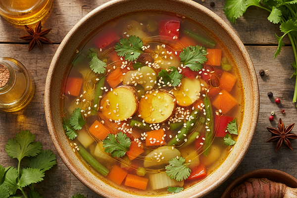 Golden Turmeric-Ginger Vegetable Broth with Sesame Oil and Coriander