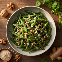 Sesame-Walnut Cooked Green Beans with Ginger-Coriander Finish