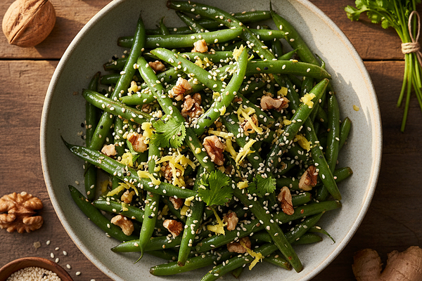 Sesame-Walnut Cooked Green Beans with Ginger-Coriander Finish