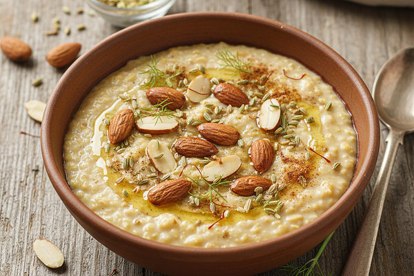 Ghee-Cooked Oat Porridge with Soaked Almonds and Fennel