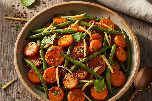 Ghee-Roasted Carrots and Green Beans with Cumin-Ginger Tempering