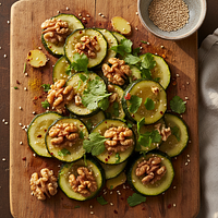 Sesame Oil-Warmed Zucchini and Walnuts with Coriander Finishing