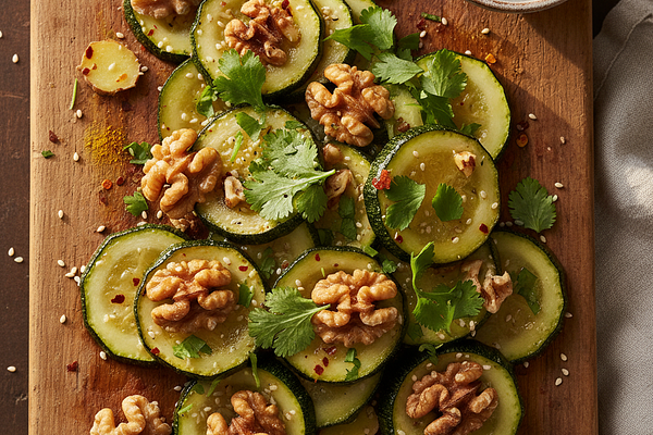 Sesame Oil-Warmed Zucchini and Walnuts with Coriander Finishing