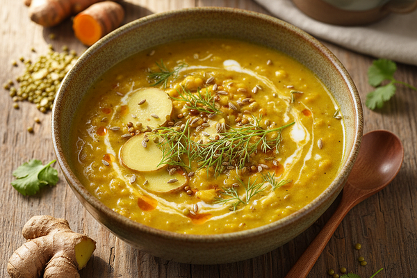 Golden Turmeric-Ginger Mung Dal Soup with Fennel Finish
